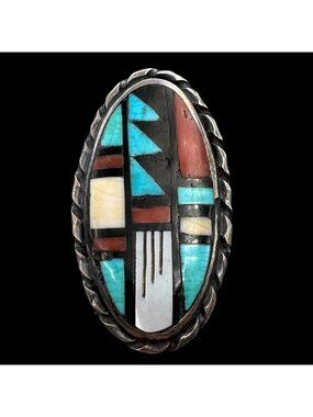 Zuni Sterling Silver Inlay Ring Signed J.R.B. Size 6.75 Bowannie Vintage 1970s